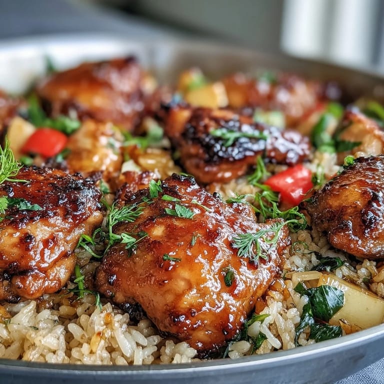 The finished One-Pan Bold Honey BBQ Chicken Rice in a pan, with steam rising from the honey BBQ-glazed chicken and rice.