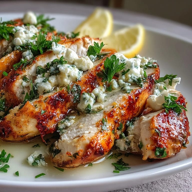 Tender Greek Chicken with Lemon and Feta topped with crumbled feta and fresh herbs.