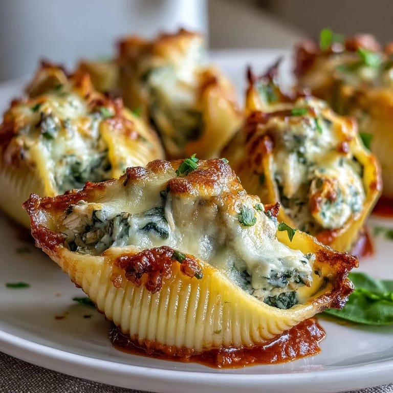 Golden Pesto Chicken Stuffed Shells Lite topped with marinara and herbs, paired with a glass of white wine.