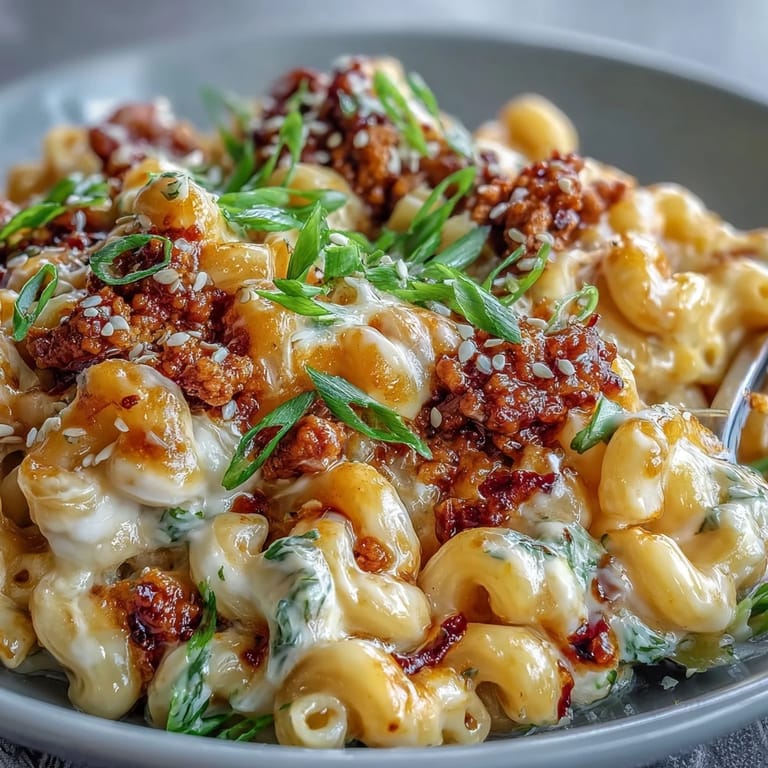 Close-up of Korean-Style Turkey Mac & Cheese garnished with sesame seeds, revealing rich cheese sauce and savory meat.