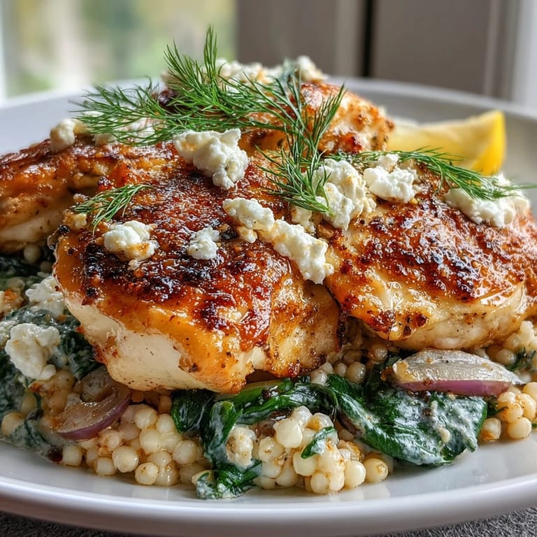 Served hot with lemon wedges and fresh herbs, this Creamy Greek Chicken & Pearl Couscous Bake is ready for a Mediterranean dinner.