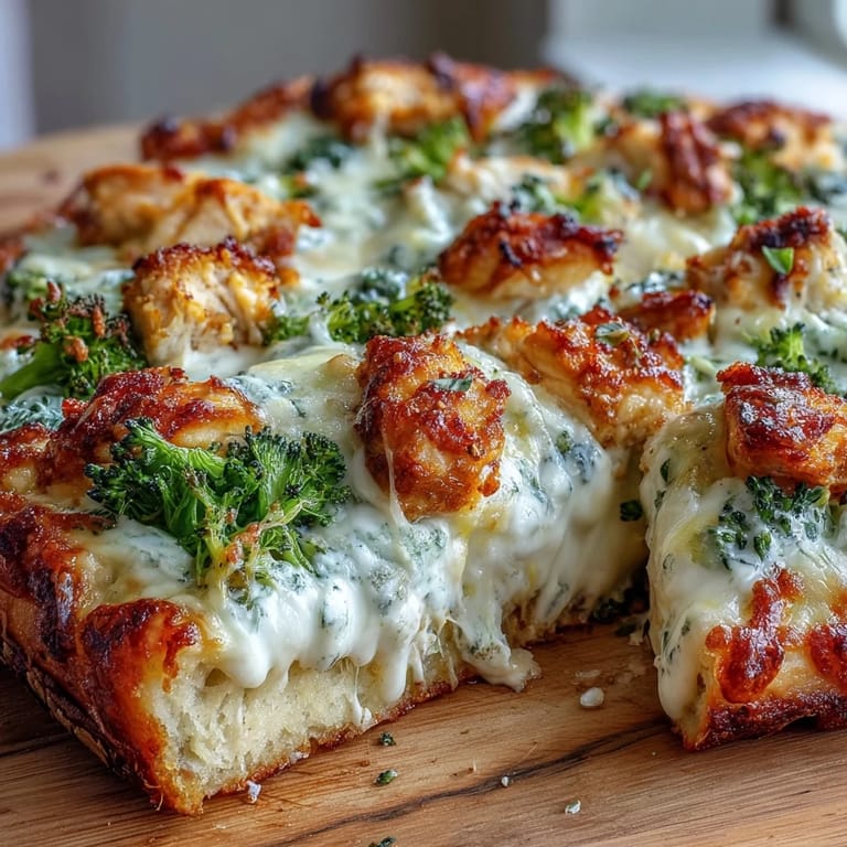 A creamy white sauce base is clearly visible under tender chicken pieces and crisp broccoli on this savory pie.