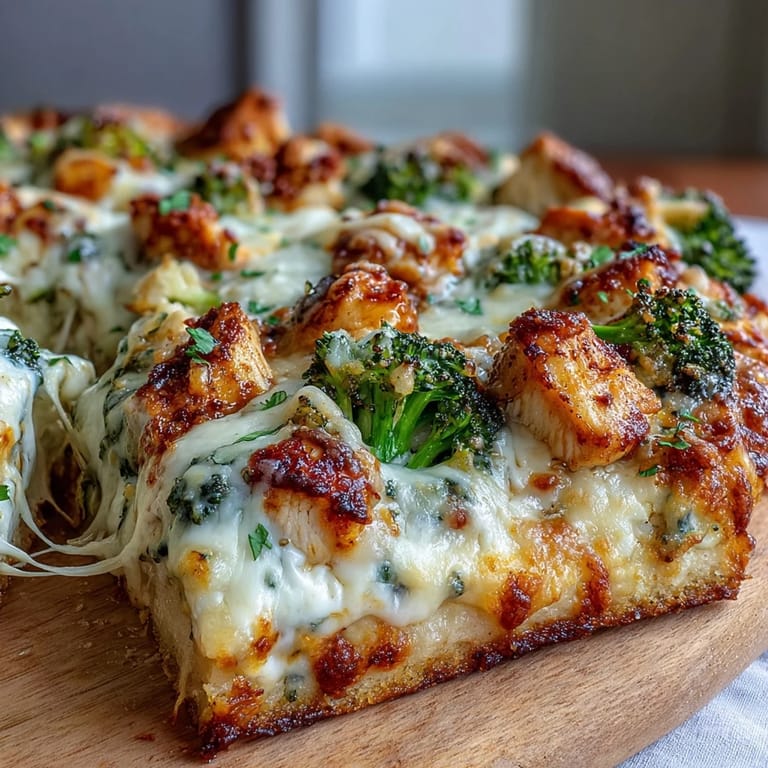 Fresh parsley garnishes a close-up slice of Garlic Parmesan Chicken & Broccoli Pizza ready to be served for dinner.