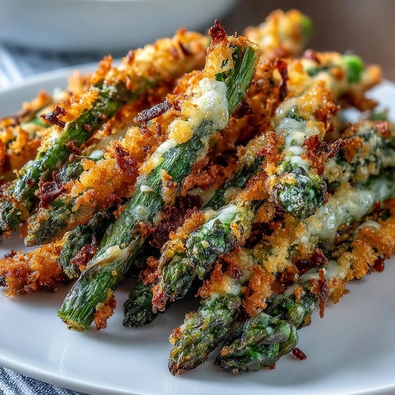 A close-up view shows crunchy panko-coated asparagus spears, served hot as a savory vegetarian appetizer or side dish.