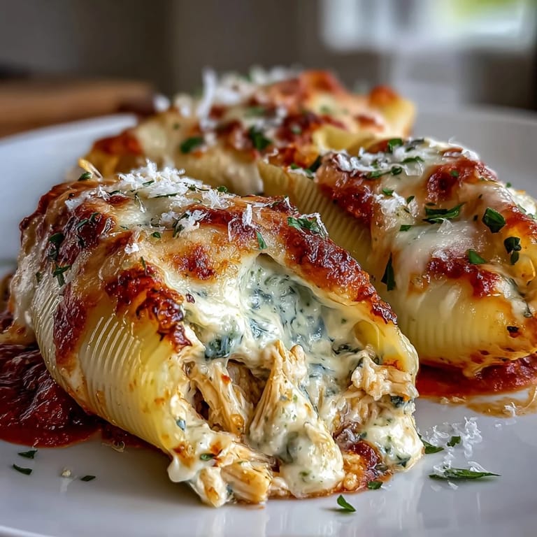 Spoonful of creamy pesto chicken filling being scooped from a tender jumbo pasta shell over zesty marinara sauce.