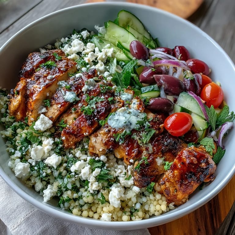 Colorful Mediterranean Pearl Couscous Chicken Bowls are topped with fresh mint, parsley, and olives.