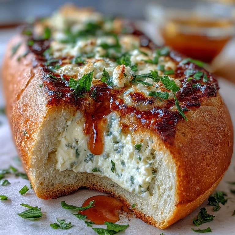 A close-up of Hot Honey Ricotta Garlic Bread showing crispy crust, creamy spread, and a glossy red chili honey drizzle, ready to eat.