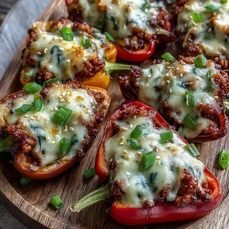 A close look at Korean-Style Turkey Stuffed Sweet Peppers with vibrant red and yellow peppers and fresh green onions.