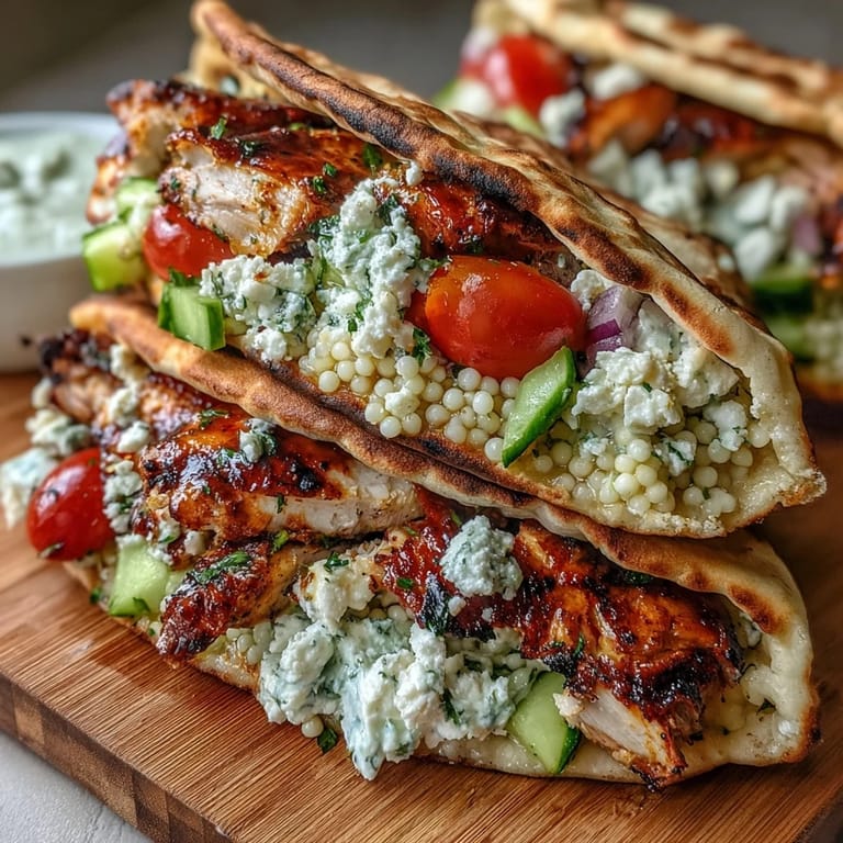 Close-up of Greek Chicken Feta Stuffed Pitas stuffed with tender chicken, crumbled feta, and cool, creamy tzatziki sauce.