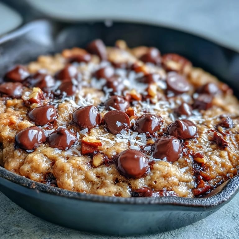 Freshly baked Chunky Monkey Oatmeal Cookie Skillet served warm straight from the cast iron.