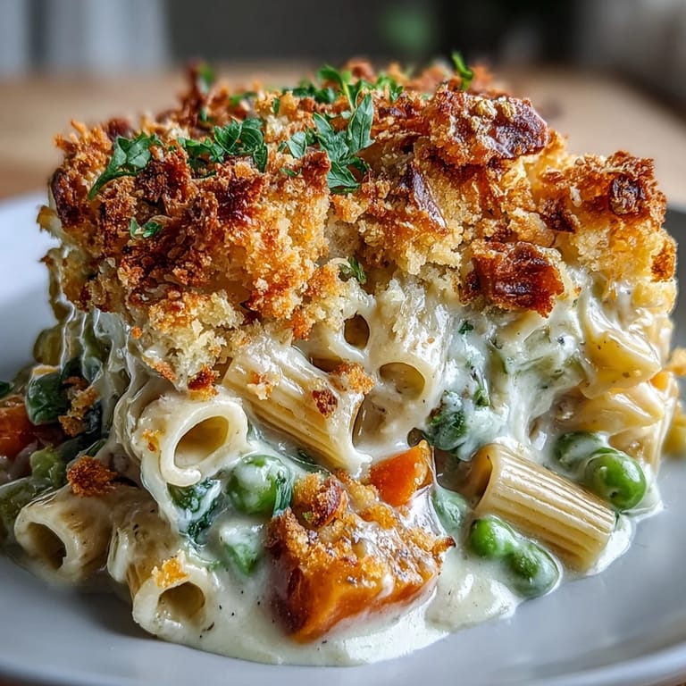 A close-up of Creamy Veggie Pot Pie Pasta revealing peas, carrots, and corn in a rich, velvety sauce.