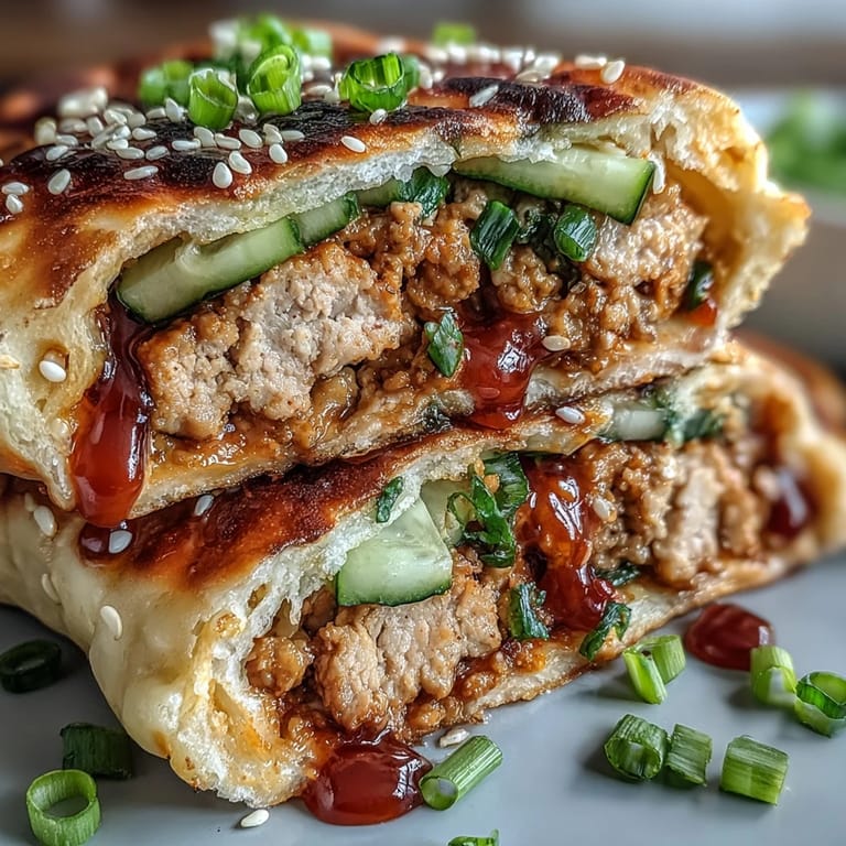 Spicy gochujang mayo glistens on a freshly assembled Korean Turkey Stuffed Naan Pocket, ready to eat.