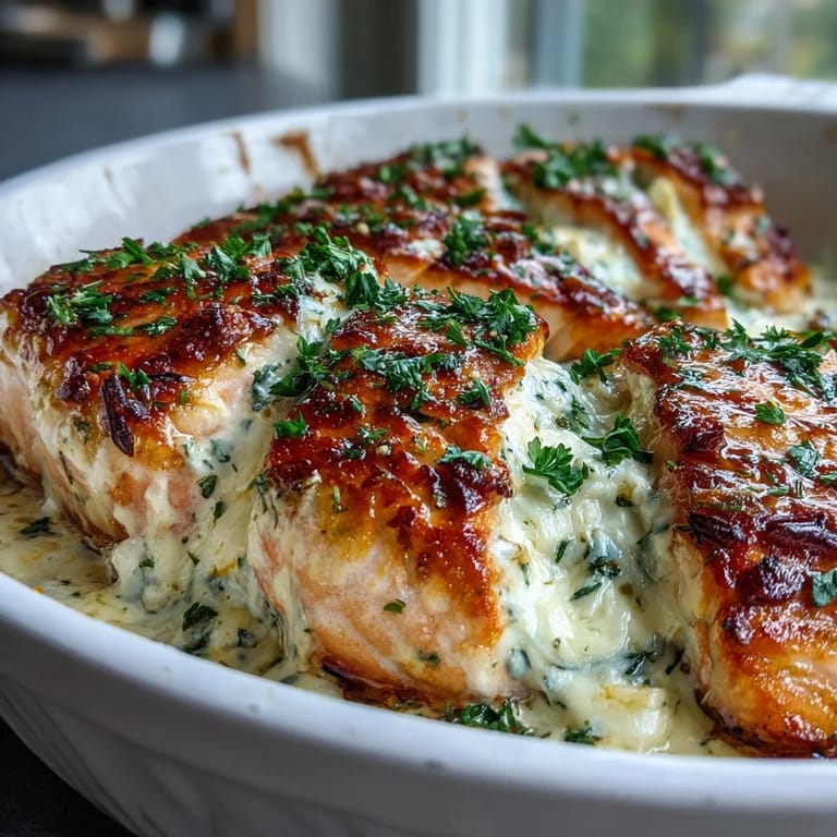 Spoonful of creamy lemon butter sauce over tender salmon fillets, baked until flaky in a glass baking dish.