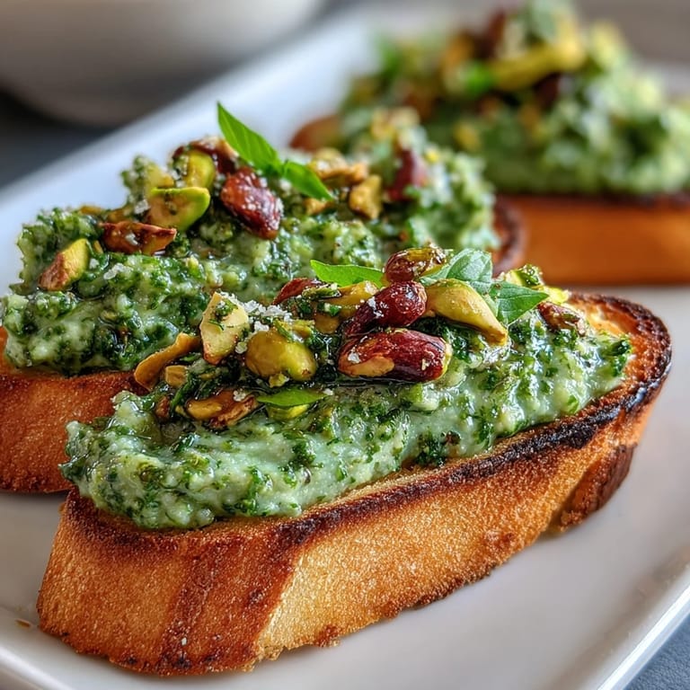 Bright green pistachio pesto in a white bowl, garnished with extra chopped nuts and basil.