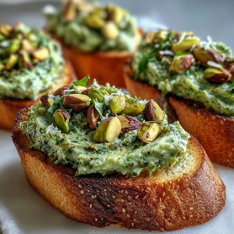 Pistachio pesto spread on crusty crostini, offering a delicious nutty and herby appetizer idea.