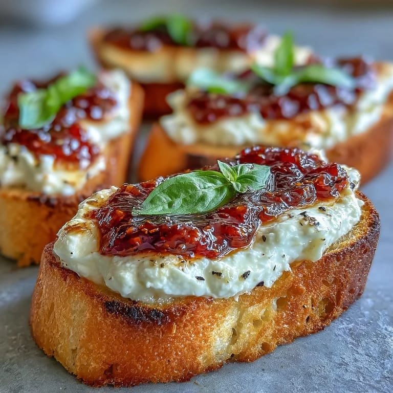 Warm goat cheese & chili jam bruschetta served with wine, perfect for a cozy appetizer spread.