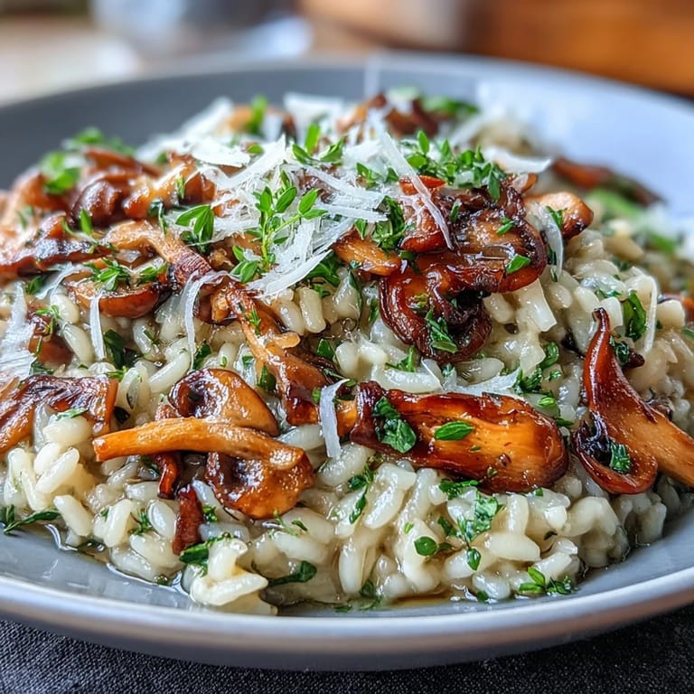 Rustic Wild Mushroom Risotto with Truffle Oil steaming in a skillet, featuring golden-brown mushrooms and grated Parmesan.