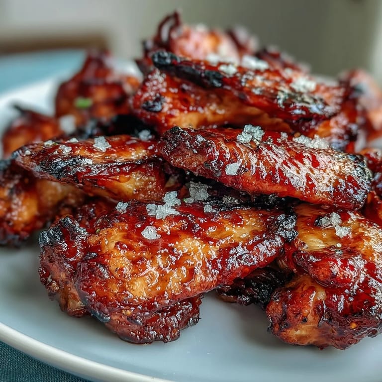 Close-up of crispy Salted Honey & Sriracha Wings showing sticky glaze and flaky salt, ready for a game-day snack.