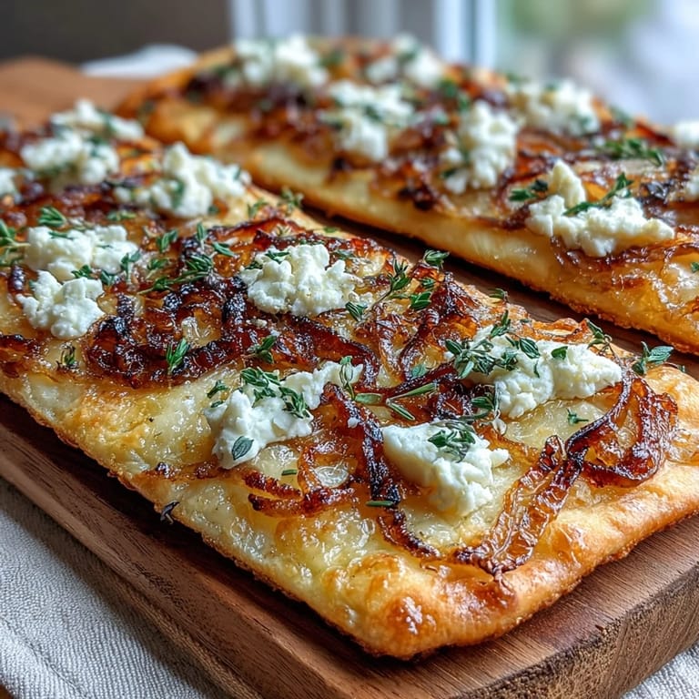 Sliced wedges of Caramelized Onion & Goat Cheese Flatbread reveal creamy goat cheese and sweet onions on a marble counter.