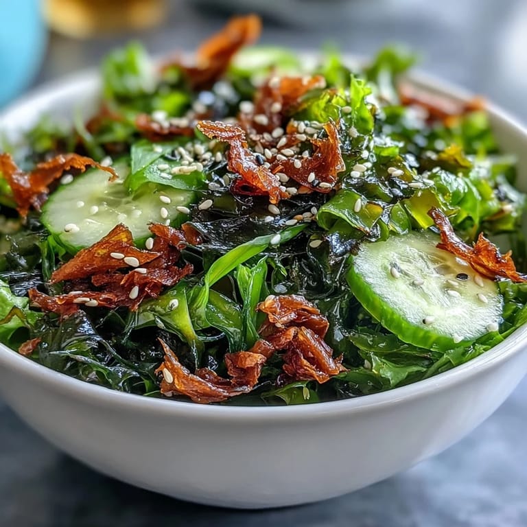 The Seaweed & Nori Crunchy Salad features a zesty ginger-soy dressing, sliced cucumbers, and scallions, served in a white bowl for a light lunch.