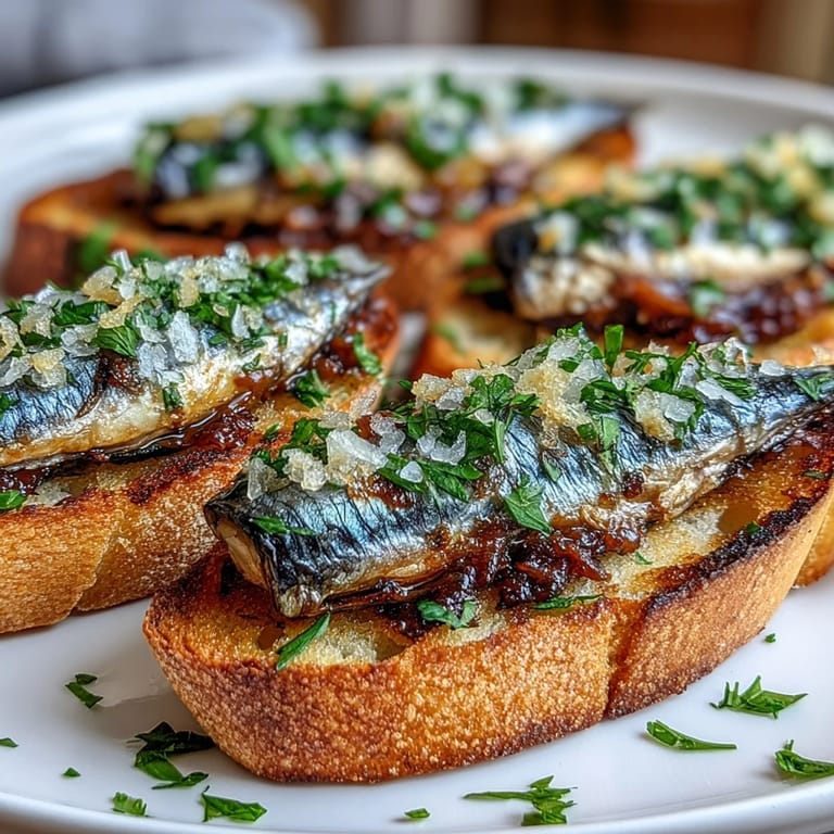 Garlic-rubbed crostini with sardines, lemon wedges, and a sprinkle of flaky sea salt.