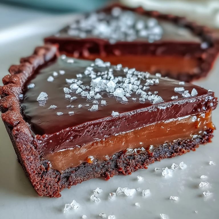 A freshly baked Salted Caramel Chocolate Tart with a flaky cocoa crust, topped with glistening sea salt flakes and served alongside steaming coffee.