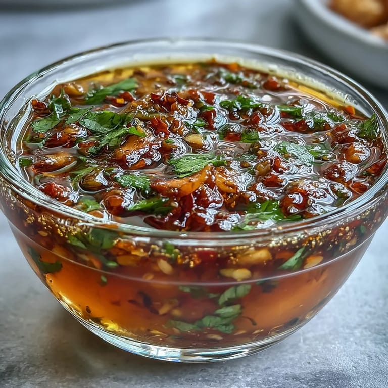 A glass jar filled with golden garlic chilli oil dipping sauce, surrounded by fresh ginger and chili flakes. 