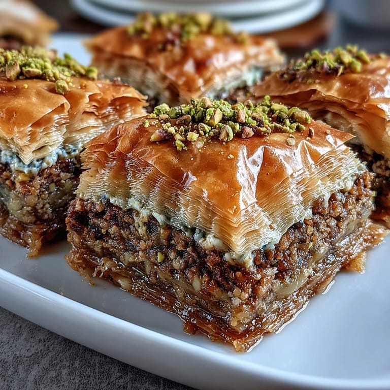 Homemade Middle Eastern dessert garnished with chopped nuts, ready to serve with tea.