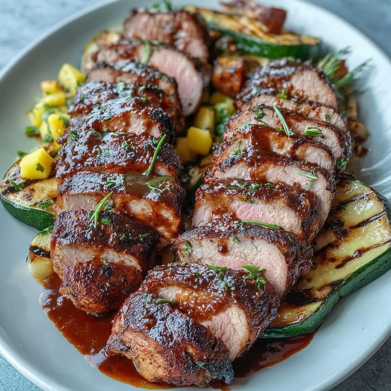 Freshly roasted Jerk Pork Tenderloin glistens with bold Caribbean spices and a caramelized crust, sliced on a wooden cutting board.
