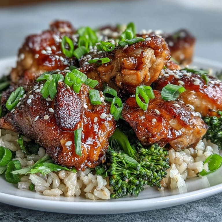Roasted broccoli and glazed chicken for Sheet Pan Teriyaki Chicken and Broccoli with Brown Rice on a sheet pan.