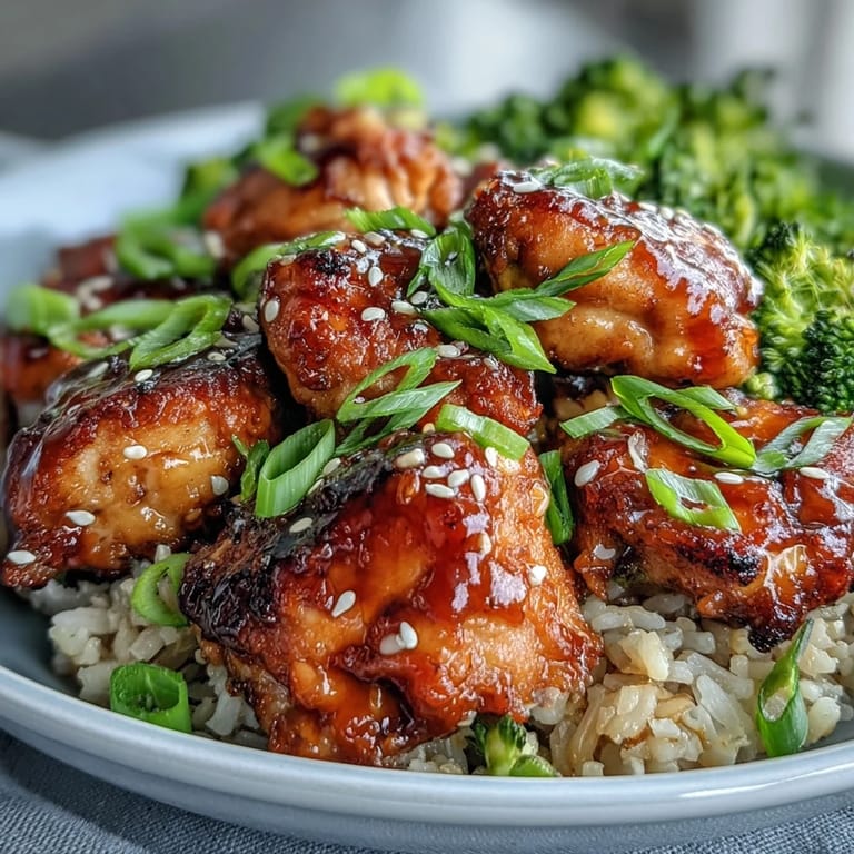 Tender chicken and crisp broccoli over brown rice for Sheet Pan Teriyaki Chicken and Broccoli with Brown Rice.