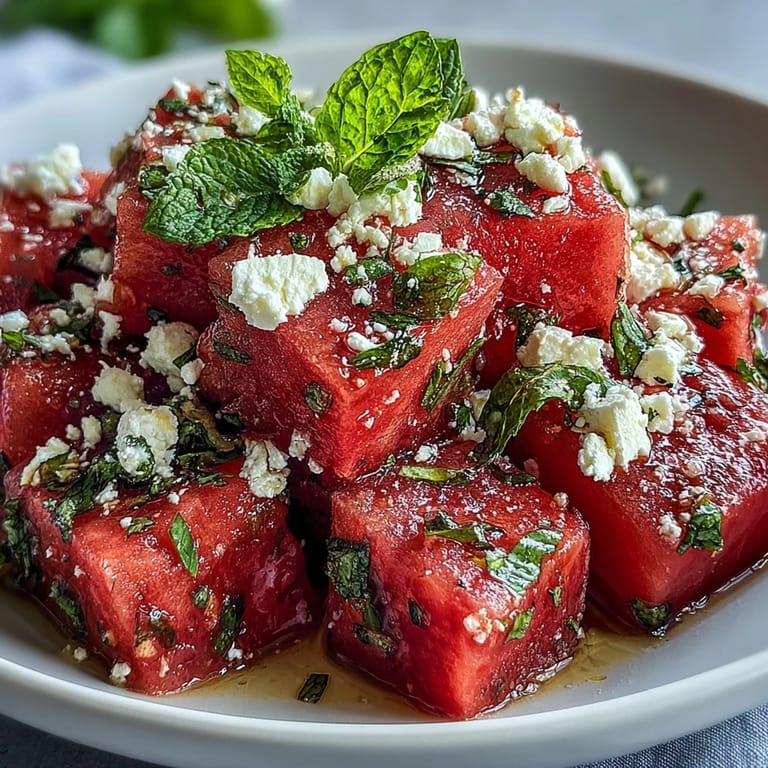 Served in a white bowl, 5-Ingredient Watermelon Feta Mint Salad looks refreshing and vibrant, perfect for a summer BBQ side dish on a sunny table.