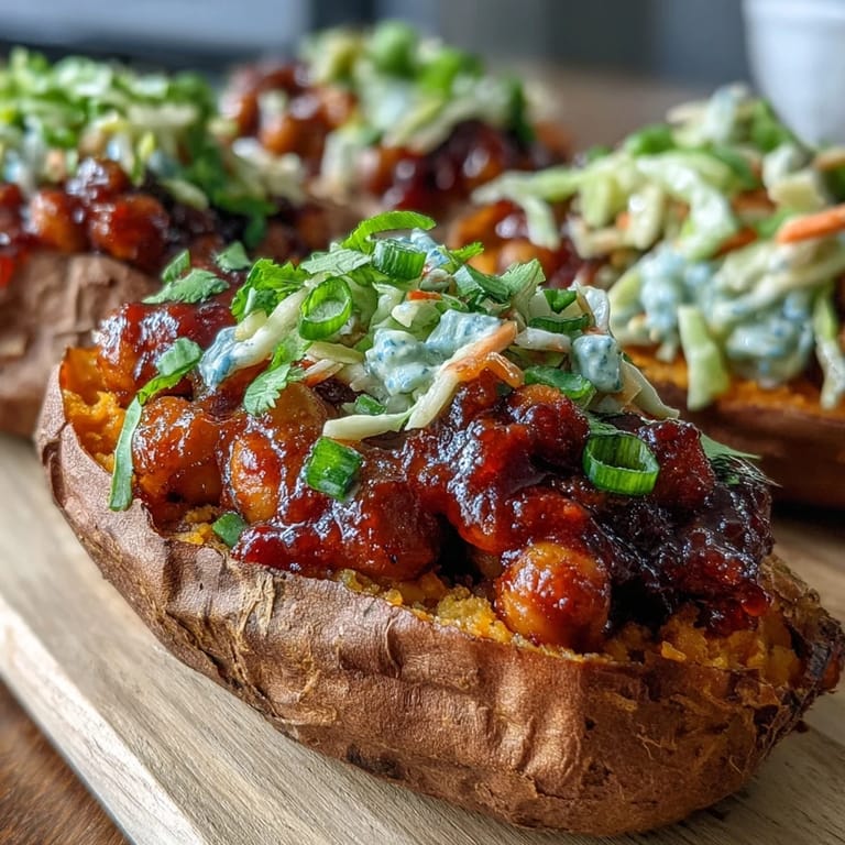 Vibrant red cabbage slaw and golden baked sweet potatoes are loaded with saucy chickpeas for a hearty, plant-based dinner.