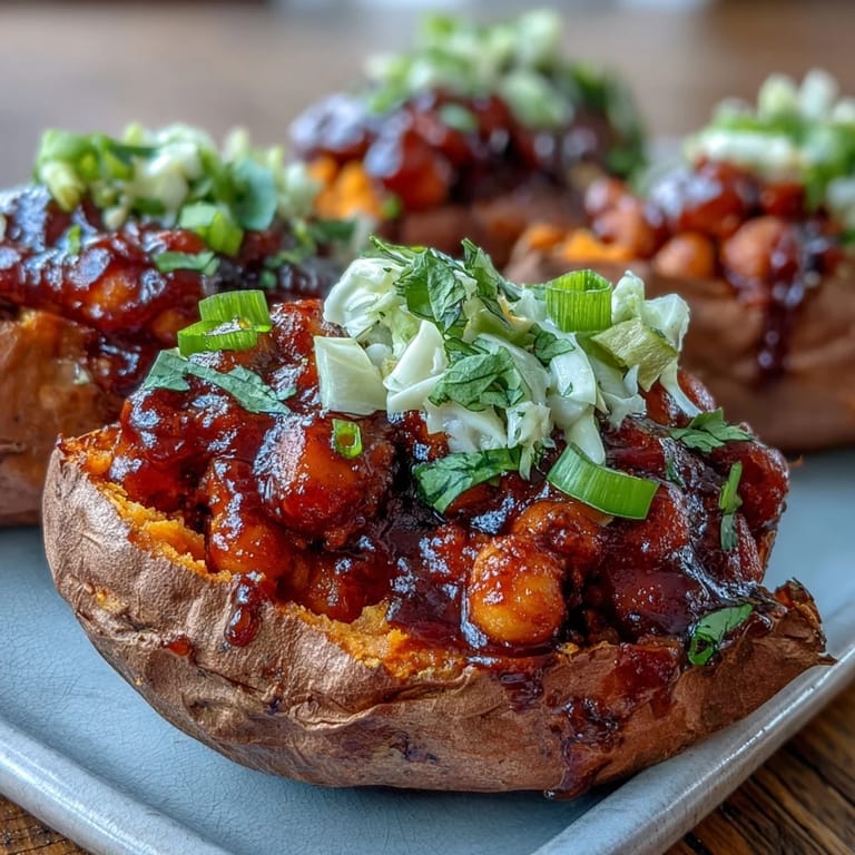A fork lifts saucy BBQ chickpeas from warm roasted sweet potatoes, topped with crunchy, vinegar-dressed slaw and fresh cilantro.