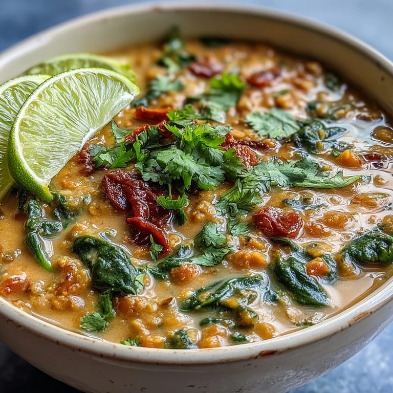 A hearty bowl of Vegan One-Pot Coconut Lentil Dahl topped with wilted spinach and cilantro.