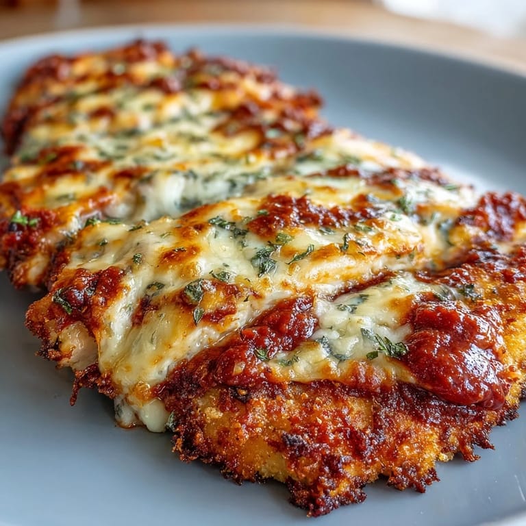A close-up of a crispy almond flour-coated Keto Baked Chicken Parmesan bubbling with rich marinara sauce.