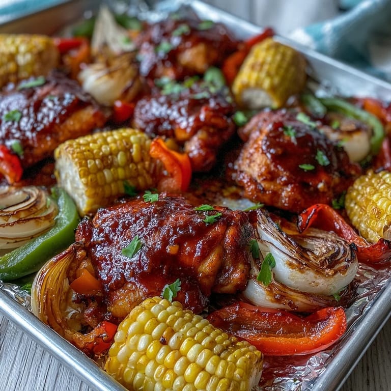Roasted Sheet Pan BBQ Chicken with charred corn pieces and tender peppers served family-style straight from the baking sheet.
