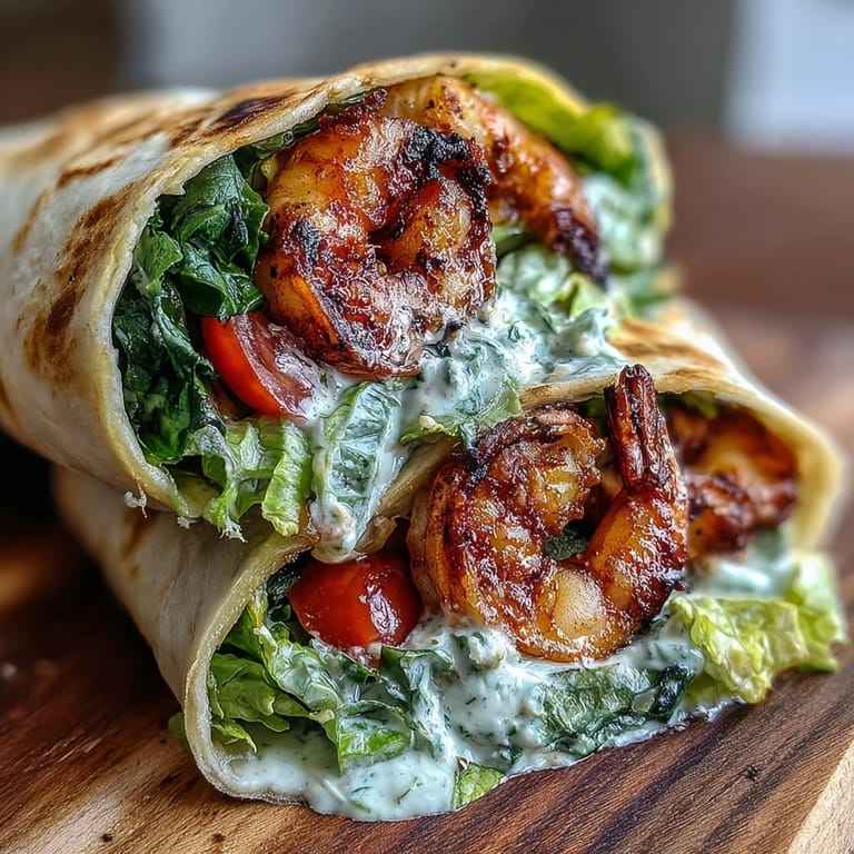 Two golden-brown grilled shrimp wraps cut in half, showing layers of crunchy romaine and croutons.