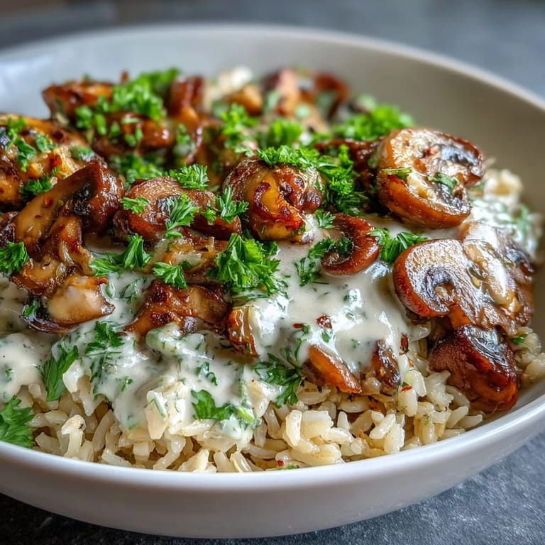 Spoon lifting a serving of Vegan Mushroom Stroganoff with brown rice, showcasing the creamy texture and savory herbs.