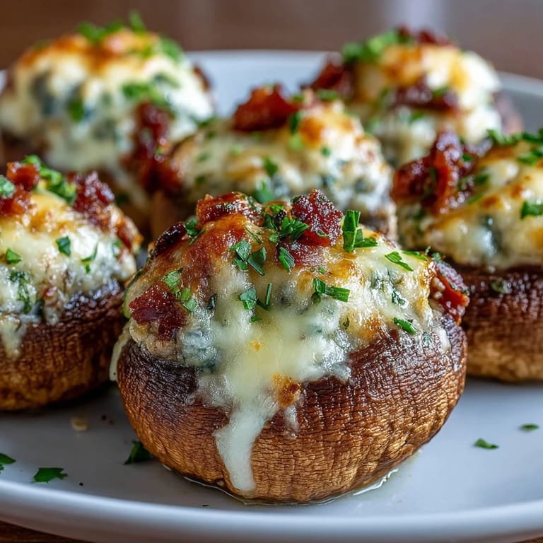 Freshly baked Keto Bacon and Cheese Stuffed Mushrooms arranged on a rustic wooden board, garnished with chopped parsley and ready to serve as a low-carb appetizer.