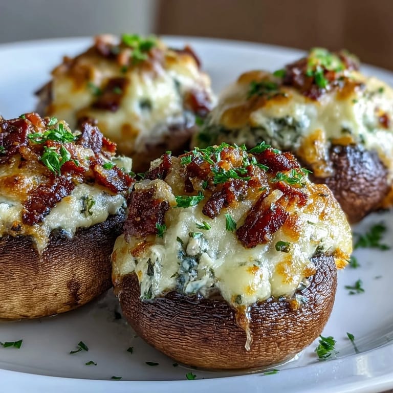 A close-up of Keto Bacon and Cheese Stuffed Mushrooms revealing a creamy, melted cheese and crispy bacon filling inside tender mushroom caps.