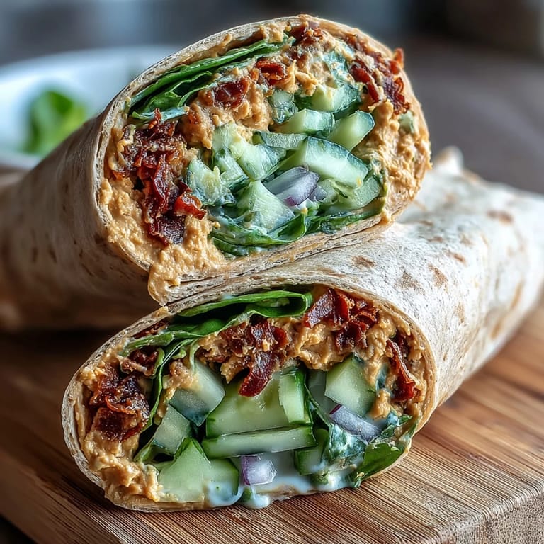 Colorful vegan veggie wraps filled with creamy hummus and crisp fresh vegetables.