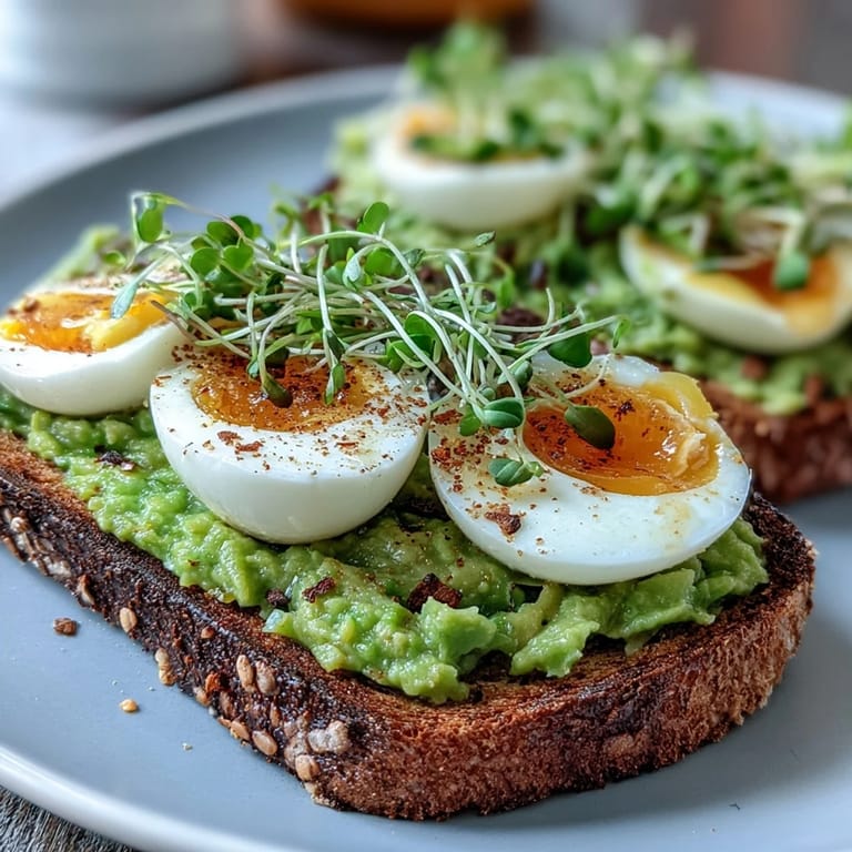 Close-up of Clean Eating Avocado Toast with Soft-Boiled Egg and Microgreens, showing velvety avocado, halved soft-boiled egg, and fresh microgreens on toasted whole grain bread.