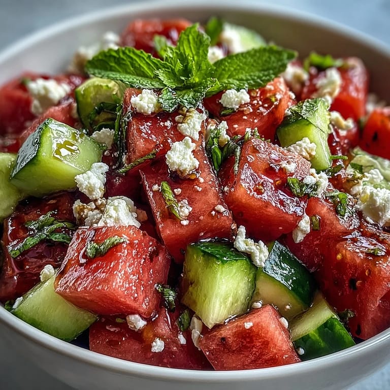 This colorful salad combines sweet watermelon, cool cucumber, and creamy feta cheese, drizzled with rich balsamic glaze for an irresistible Mediterranean flavor.
