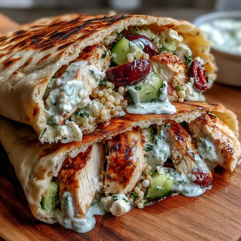 Lemon-marinated chicken, crumbled feta, and vibrant couscous salad nestled in soft pita with tzatziki sauce for a satisfying Greek-inspired lunch.