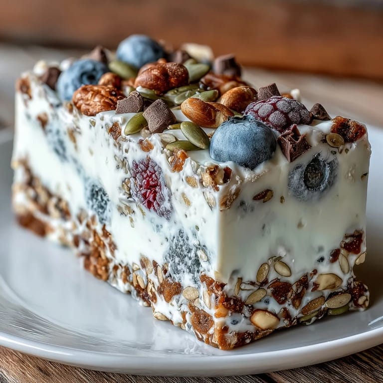 Frozen yogurt breakfast bark with vibrant berries and seeds, offering a refreshing and energizing morning snack.  