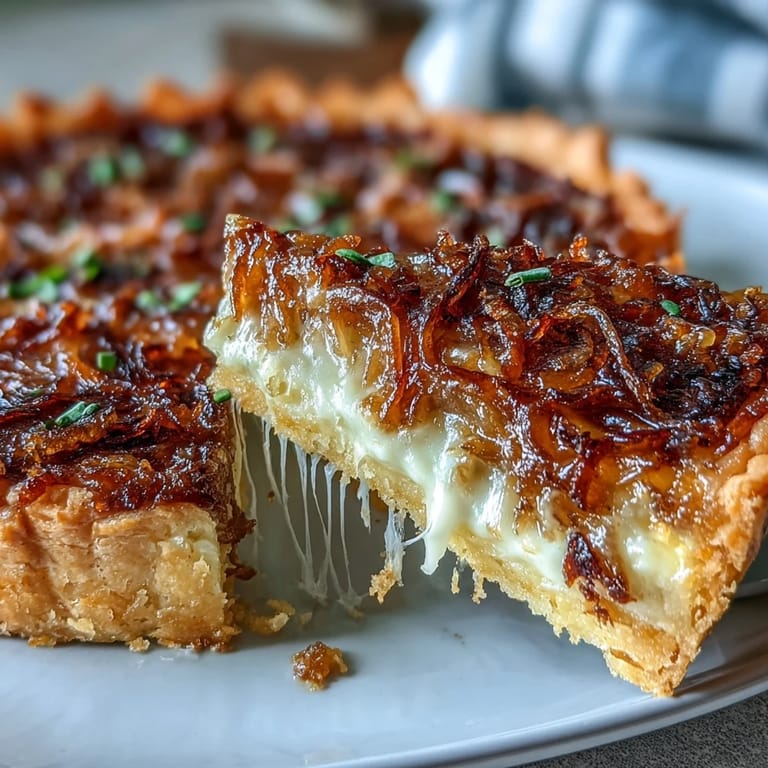 Rich and savory Gruyere tart with deeply caramelized onions baked to perfection in a buttery, crisp puff pastry crust.