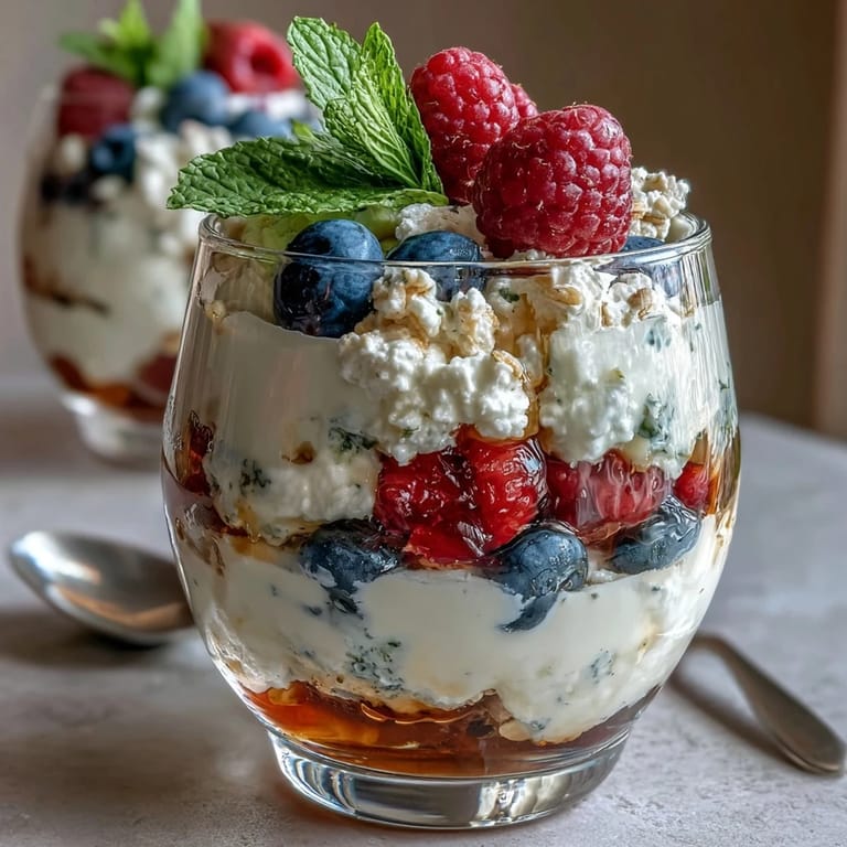 Layered Cottage Cheese Berry Parfait with Granola: a colorful, nutritious breakfast with creamy cheese, juicy berries, and crisp granola topping.
