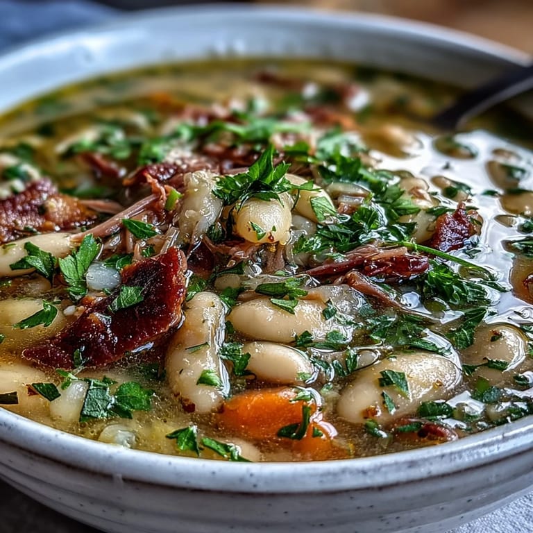 Rich and savory white bean and ham hock soup featuring slow-cooked beans, aromatic vegetables, and a smoky ham hock broth.