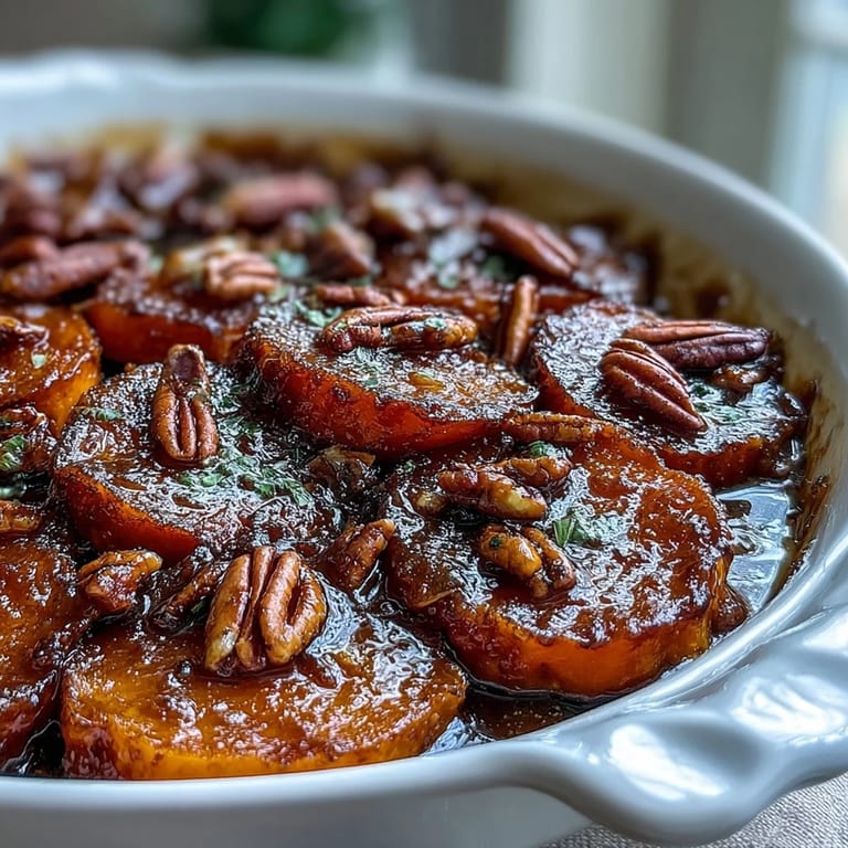 Sweet and savory candied yams baked with brown sugar, maple syrup, and a hint of bourbon.